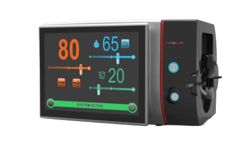 Rendered front angle of the Misonix Nexus surgical platform showing touchscreen interface and compact device housing.
