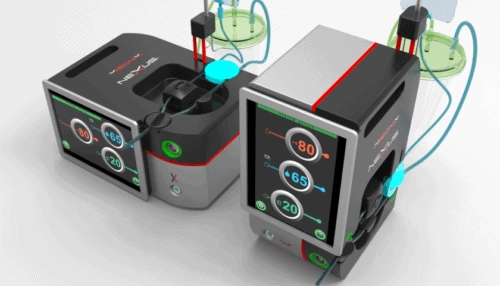 Close-up render of the Misonix Nexus ultrasonic surgical platform showing dual digital displays and control interface.