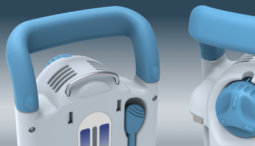 Close-up view of the HELIOS portable oxygen system showing the carry handle, connector port and control interface.