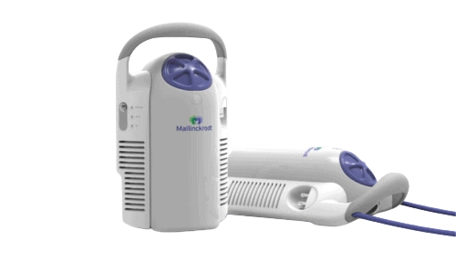 Rendered image of two HELIOS portable liquid oxygen systems showing the carry handle, vents and compact lightweight form.