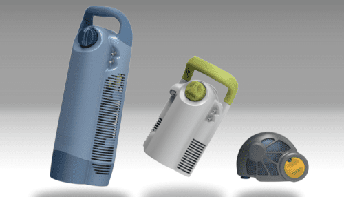 Multiple HELIOS liquid oxygen system designs including a tall blue model, a compact gray model and a detachable valve assembly.