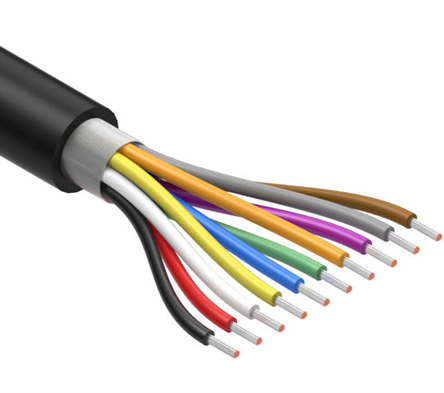Close-up image of a multi-conductor electrical cable for chassis wiring in medical devices with the outer black sheath peeled back, revealing twelve individually color-coded insulated wires (including red, black, white, yellow, green, purple, and more) with exposed copper tips.