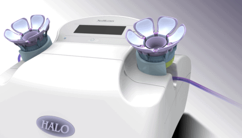 HALO Breast Pap Test device with two purple breast cups attached to the top surface, ready for sample collection.