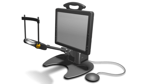 Rendered view of the Vision Restoration Therapy device featuring a monitor, adjustable arm, and stable base designed for patient use at home.