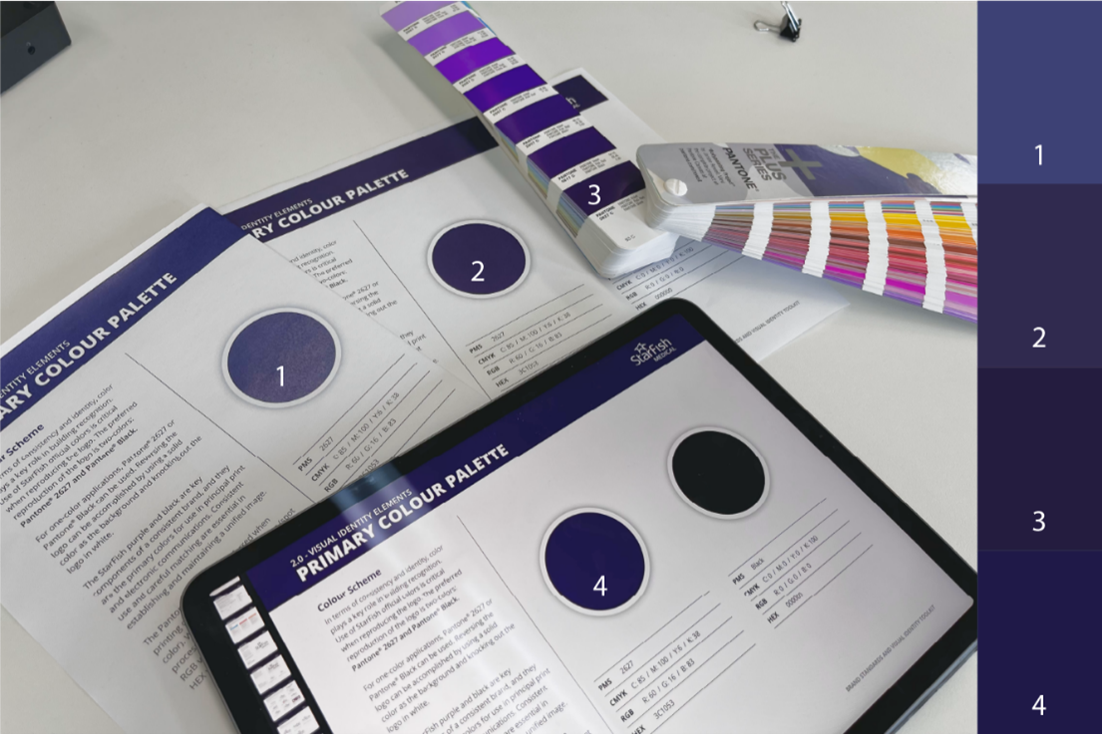 Four examples of how the same pantone color can look different depending on the printer or digital screen that is showing it. 