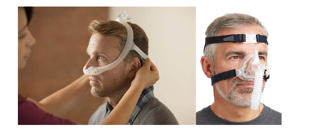 Two images of a man trying on CPAP masks. The first mask has a ring that goes on top of the head and loops down under the nose with a head strap that loops behind the skull. The second is a full nose mask held in place by two straps that loop behind the head. A hose is hanging off of the nose mask. 