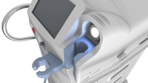 Close-up render of the PhotoThera NeuroThera System handpiece showing the laser delivery components and ergonomic housing.