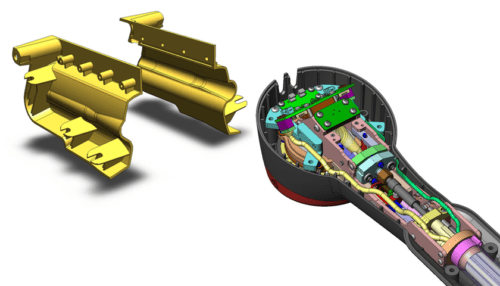 Rendered view of the PhotoThera system’s fiber-optic cable assembly showing gold connectors and optical routing hardware.