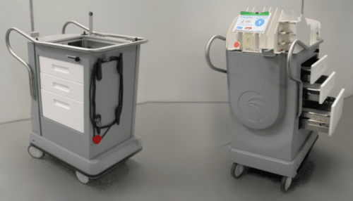 PhotoThera system hardware on a mobile cart including the handpiece holder, control unit, and accessories for clinical use.