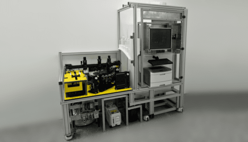 Exposed internal structure of the Plex ID instrument showing frame, electronics, pumps and sample handling modules.