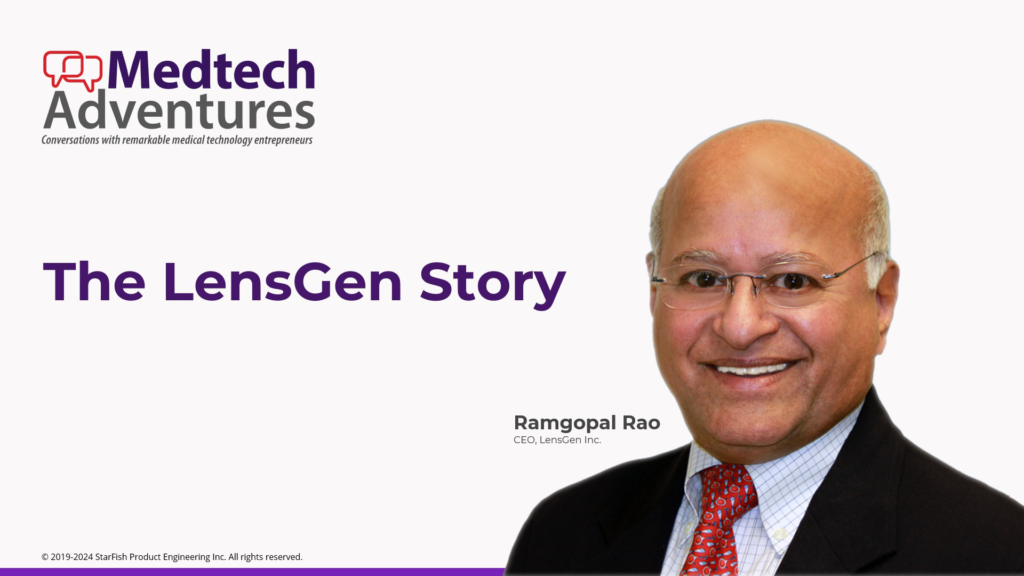 A promotional graphic for a Medtech Adventures talk titled "The LensGen Story". The image features Ramgopal Rao, CEO of LensGen Inc., smiling while wearing a black suit, white shirt, and red patterned tie. The title "The LensGen Story" is written in bold purple text. The Medtech Adventures logo, which includes two red speech bubbles and the tagline "Conversations with remarkable medical technology entrepreneurs," is placed at the top-left corner.