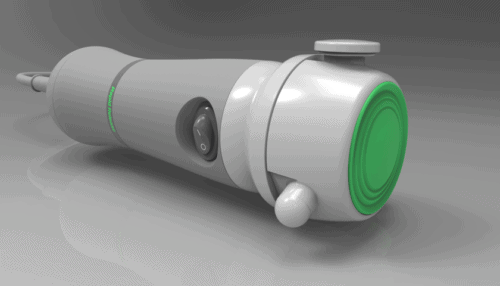 Close-up view of the Rapid Release PRO2 treatment head highlighting the green vibration pad and device front detail.