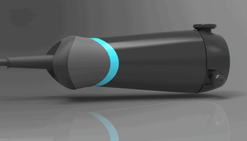 Concept render of a handheld vibratory therapy device with a black body and blue accent stripe emphasizing its streamlined design.