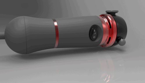 Rendered close-up of a handheld vibratory therapy device featuring a gray ergonomic body with red accent rings and side control switch.