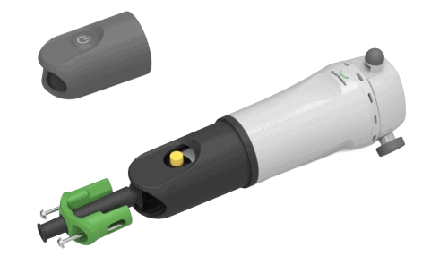 Rendered image of the Rapid Release PRO2 vibratory therapy device showing its ergonomic cylindrical body and green treatment head.