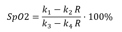 A nonlinear empirical equation for calculating oxygen saturation (SpO₂) from the signal ratio (R): SpO₂ = [(k₁ – k₂·R) / (k₃ – k₄·R)] · 100% where: R is the ratio of detected light intensities at two wavelengths, k₁, k₂, k₃, and k₄ are calibration constants derived from experimental data. This rational function model provides more flexibility than a linear equation and can yield more accurate SpO₂ estimates across a wider range of R values.