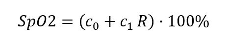 An empirical formula for calculating oxygen saturation (SpO₂) from the ratio of detected signals at two wavelengths (R): SpO₂ = (c₀ + c₁·R) · 100% where: R is the ratio of detected light intensities (or responses) at two wavelengths, c₀ and c₁ are calibration constants determined experimentally. This linear model is commonly used in pulse oximeters to estimate arterial oxygen saturation based on optical absorption properties.
