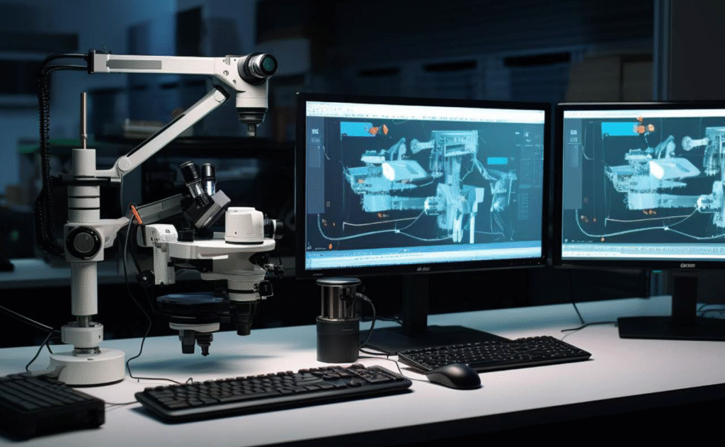 A laboratory or engineering workstation featuring a high-precision stereo microscope mounted on an articulated arm, positioned beside two computer monitors displaying 3D CAD models or imaging of a complex mechanical or biomedical device. The workspace also includes a keyboard, mouse, and a metallic container, all situated on a clean white desk in a dimly lit, modern lab environment.
