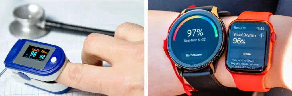 Comparison of fingertip pulse oximeter and smartwatches measuring SpO2 using optical detection in wearable devices.