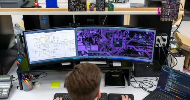 PCB stack-up planning happens here, as an engineer reviews routed copper layers on a wide monitor