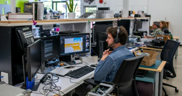 AI coding agents support this engineer as he reviews code and a workflow diagram on a call