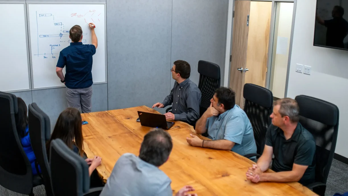 StarFish Medical team reviewing tasks and milestones sketched on a whiteboard timeline