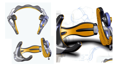 Rendered views of the Trans Cranial Doppler headgear from multiple angles showing the adjustable arcs and sensor positioning hardware.