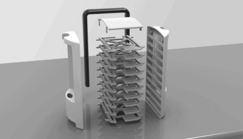 Rendered image of the cartridge carrier with the front door open showing internal cartridge slots and vertical loading structure.