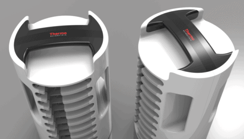 Rendered views of the cartridge carrier from two angles showing the curved top handle and stacked cartridge bays.