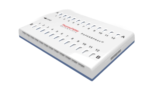 Rendered image of the ThermoFisher Paperspray plate showing numbered sample wells and labeled A and B rows.