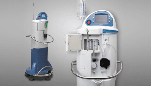 Full view of the TherOx AO System positioned next to a technician height reference, showing device scale and configuration.