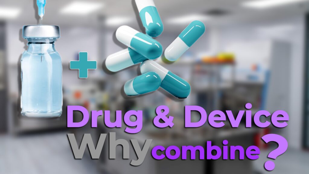 A medical vial with liquid and several teal-and-white capsules floating in the air, with a text overlay reading "Drug & Device: Why combine?" in a lab setting background.