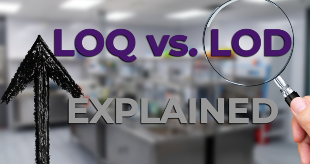 An illustrated concept of assay development featuring a blurred laboratory background with a focus on a magnifying glass emphasizing the text 'LOQ vs. LOD Explained.' The image also includes an upward-pointing arrow symbolizing progress and precision in diagnostics and analytics.