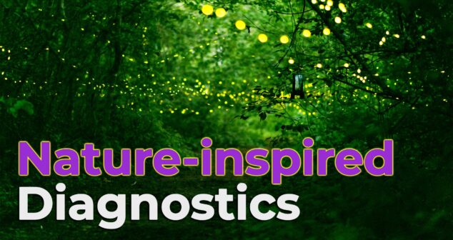 A serene forest illuminated by numerous glowing fireflies, symbolizing the inspiration nature provides for innovations in medical diagnostics. Text overlaid on the image reads: "Nature-inspired Diagnostics" in bold purple and white fonts.