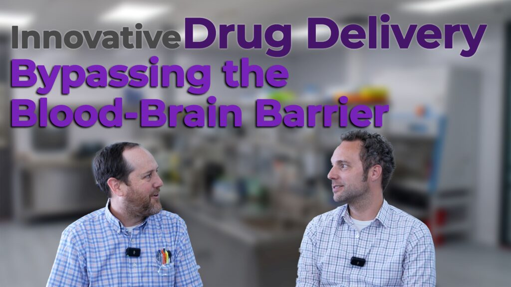 Two professionals in plaid shirts and microphones sit in a discussion within a laboratory setting. The text overlay reads "Innovative Olfactory Drug Delivery: Bypassing the Blood-Brain Barrier," highlighting a focus on advanced medical techniques.