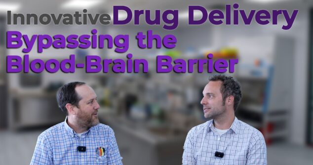 Two professionals in plaid shirts and microphones sit in a discussion within a laboratory setting. The text overlay reads "Innovative Olfactory Drug Delivery: Bypassing the Blood-Brain Barrier," highlighting a focus on advanced medical techniques.