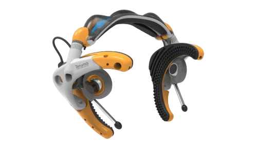 Rendered image of the Trans Cranial Doppler headgear showing the adjustable frame, ear supports and sensor mounting arms.