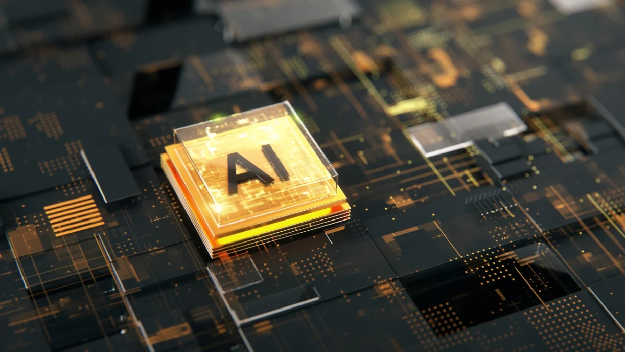 A glowing AI chip embedded within a futuristic black and gold circuit board, symbolizing advanced artificial intelligence and technological innovation.