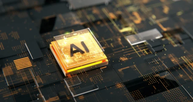 A glowing AI chip embedded within a futuristic black and gold circuit board, symbolizing advanced artificial intelligence and technological innovation.