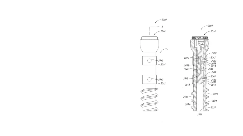 Technical patent drawing of an implantable orthopedic screw showing internal components and sensing architecture.