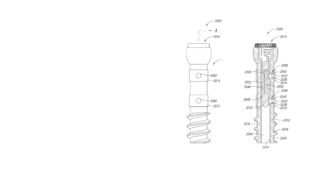 Technical patent drawing of an implantable orthopedic screw showing internal components and sensing architecture.