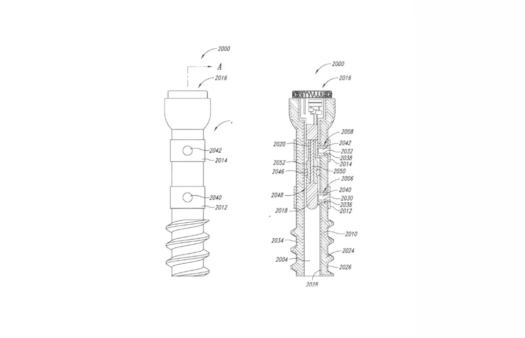 Technical patent drawing of an implantable orthopedic screw showing internal components and sensing architecture.