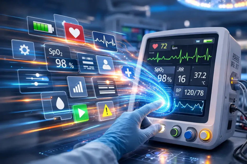 Medical device touchscreen interface displaying real-time patient vitals (SpO2, heart rate, blood pressure) with interactive digital UI elements and clinician hand operating monitor in clinical setting