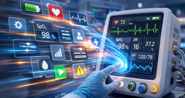 Medical device touchscreen interface displaying real-time patient vitals (SpO2, heart rate, blood pressure) with interactive digital UI elements and clinician hand operating monitor in clinical setting