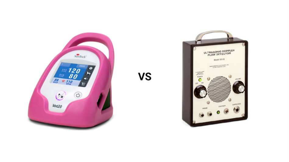 Comparison of two blood pressure monitors. One is current, the other is decades old.