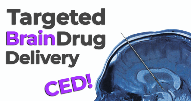 Thumbnail image with the text 'Targeted Brain Drug Delivery – CED!' in black and purple font. On the right side, there is a medical illustration of a brain in profile with a needle inserted, representing Convection-Enhanced Delivery (CED).