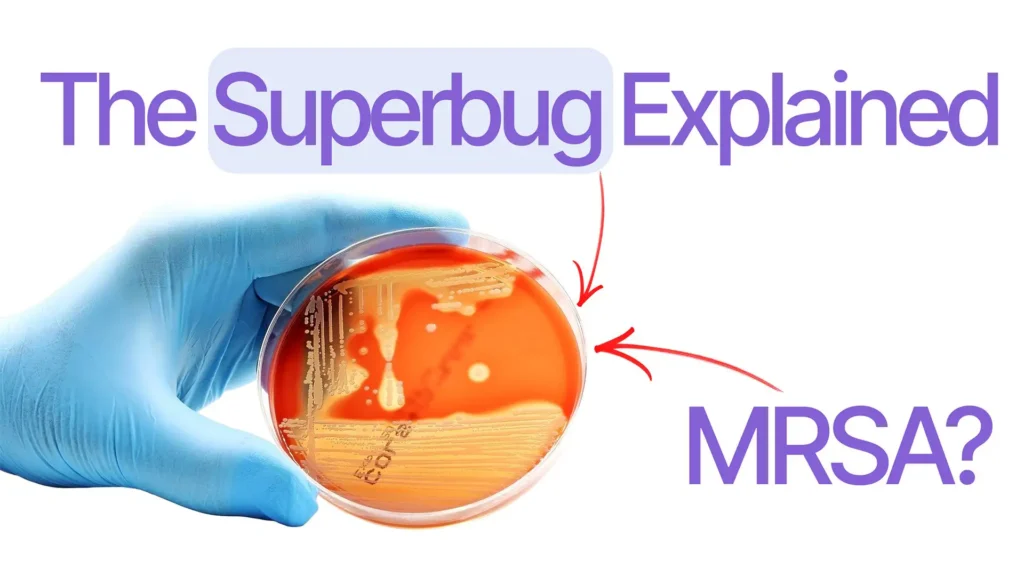 A gloved hand holding a petri dish with bacterial growth, illustrating the MRSA superbug explained in a Bio Break episode