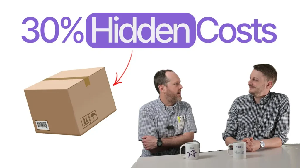 Nick and Nigel discussing the hidden costs of sterile medical device production including shipping in a Bio Break episode, with text overlay reading 30% Hidden Costs