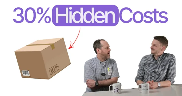 Nick and Nigel discussing the hidden costs of sterile medical device production including shipping in a Bio Break episode, with text overlay reading 30% Hidden Costs