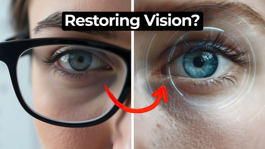 Split image showing two close-up views of a human eye. On the left, the eye is seen through thick black-framed glasses, indicating impaired vision. On the right, the same eye is enhanced with a futuristic digital overlay of concentric circles and interface elements, suggesting advanced vision restoration technology. A red curved arrow points from left to right, implying improvement. Bold text at the top reads "Restoring Vision?"